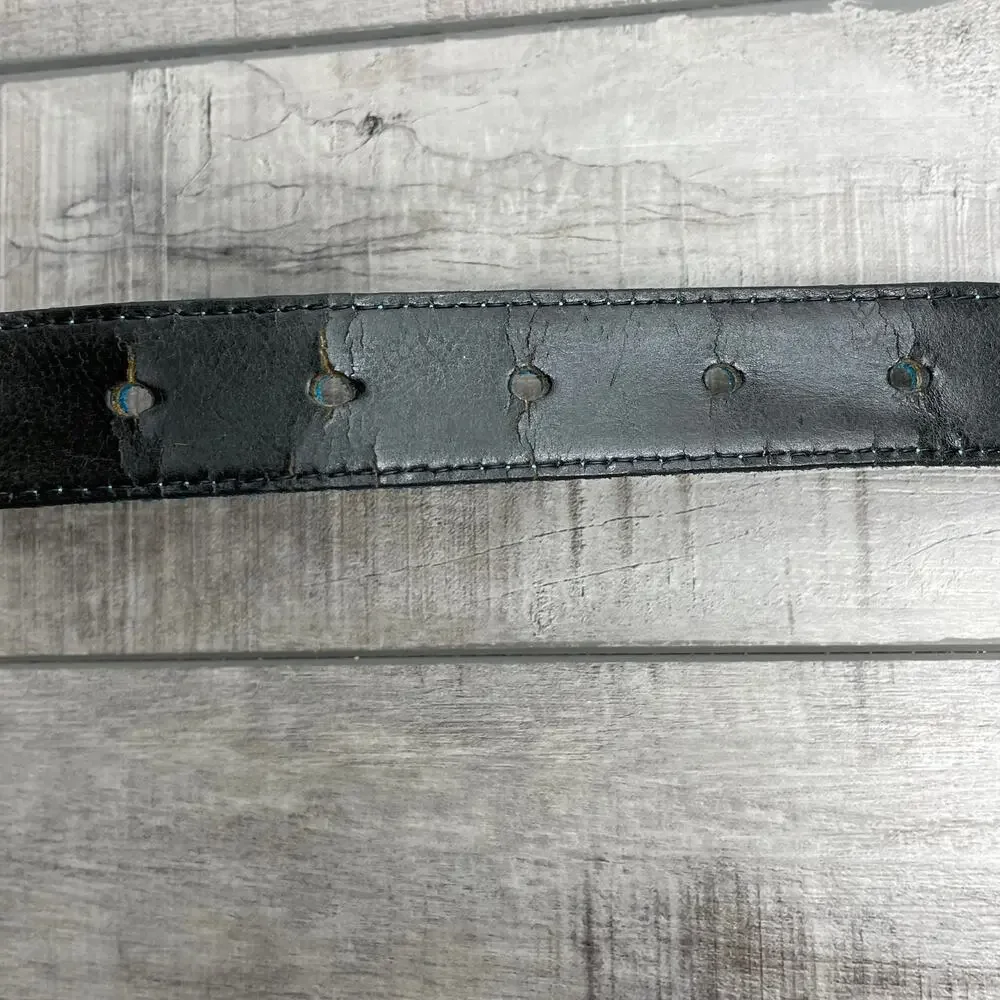 Vintage Native American Indian Head Silver Buckle Teal Calfskin Leather Belt S